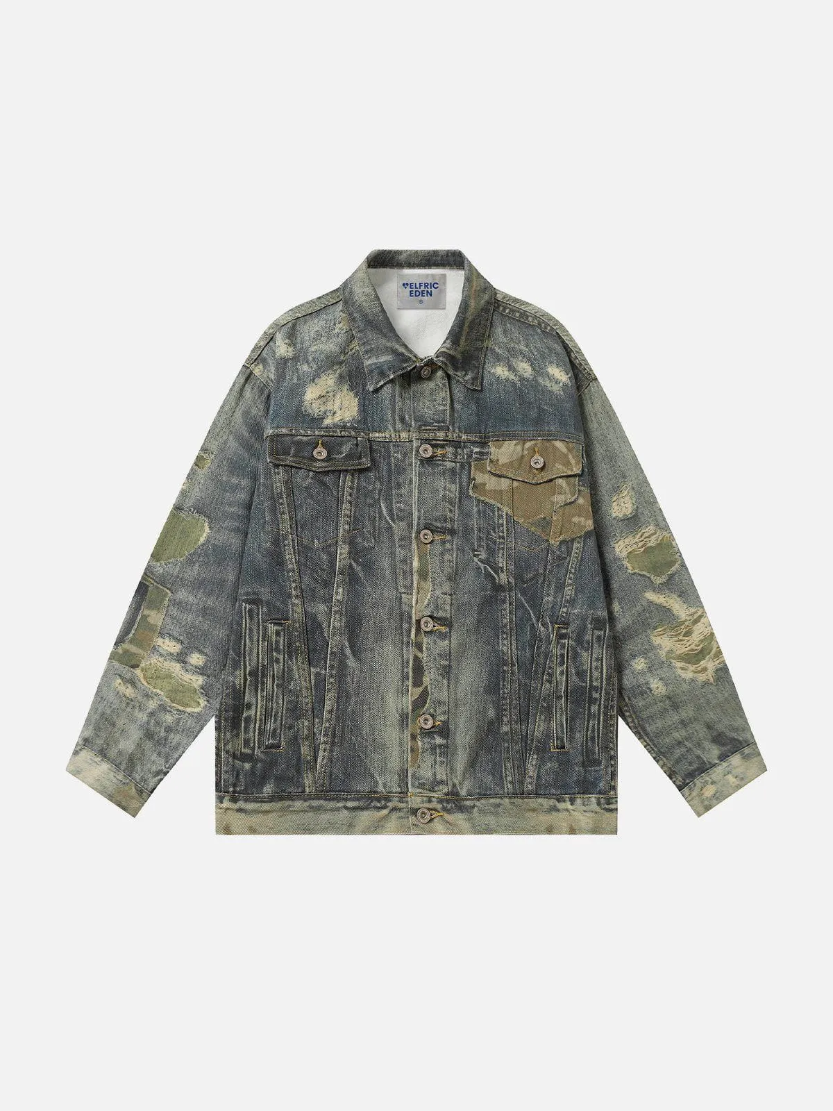 Aelfric Eden Camouflage Distressed Graphic Denim Jacket