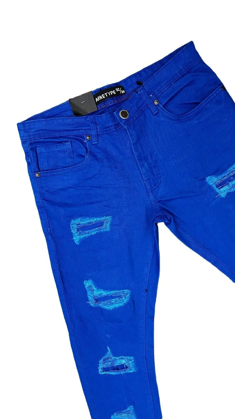 Arketype Royal Blue Men's Ripped Slim-Fit Jeans Stretch Material