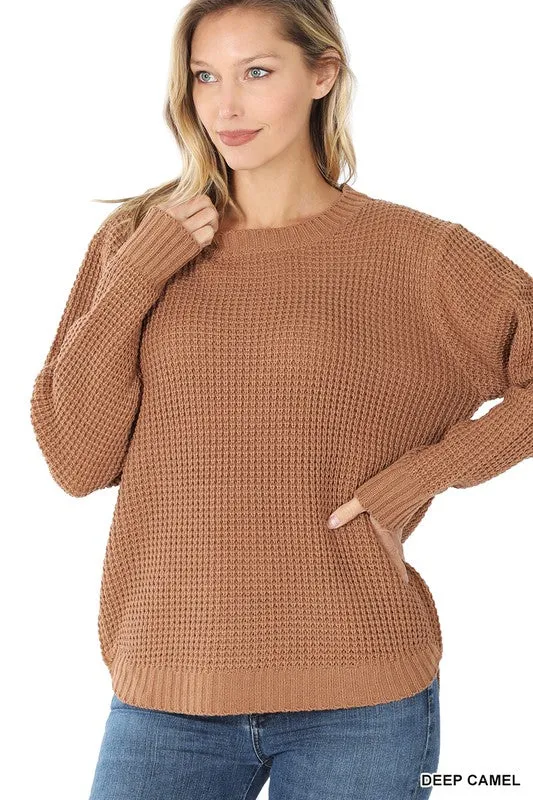 Autumn is Calling Waffle Knit Sweater in Dark Camel