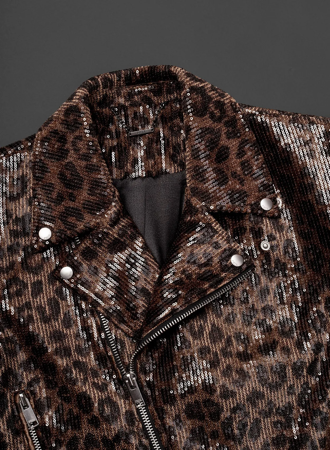 Brown Leopard Print Sequin Biker Jacket