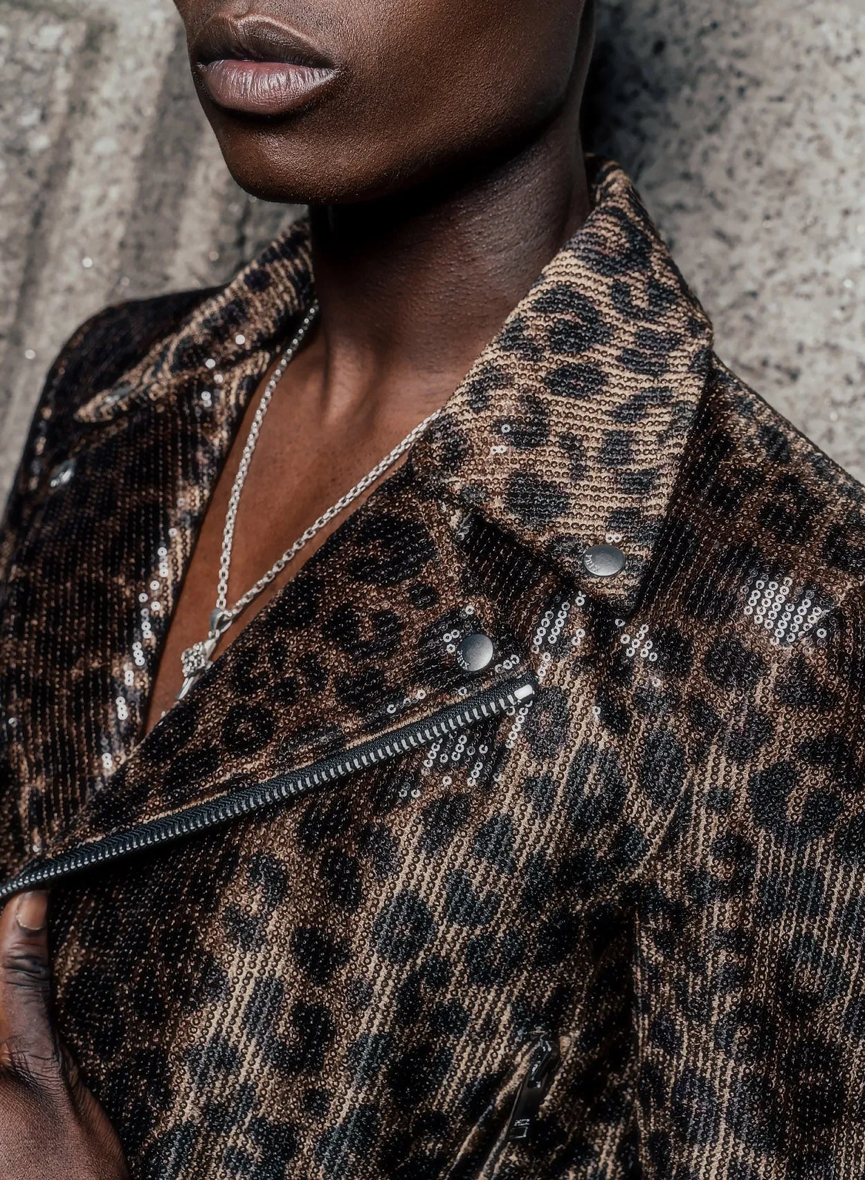 Brown Leopard Print Sequin Biker Jacket