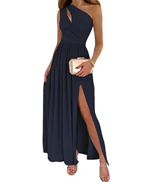 BTFBM Women's One Shoulder Cutout Sleeveless Maxi Dresses Side High Split Elegant Formal Prom Bodycon Party Cocktail Dress(Solid Navy, Medium)