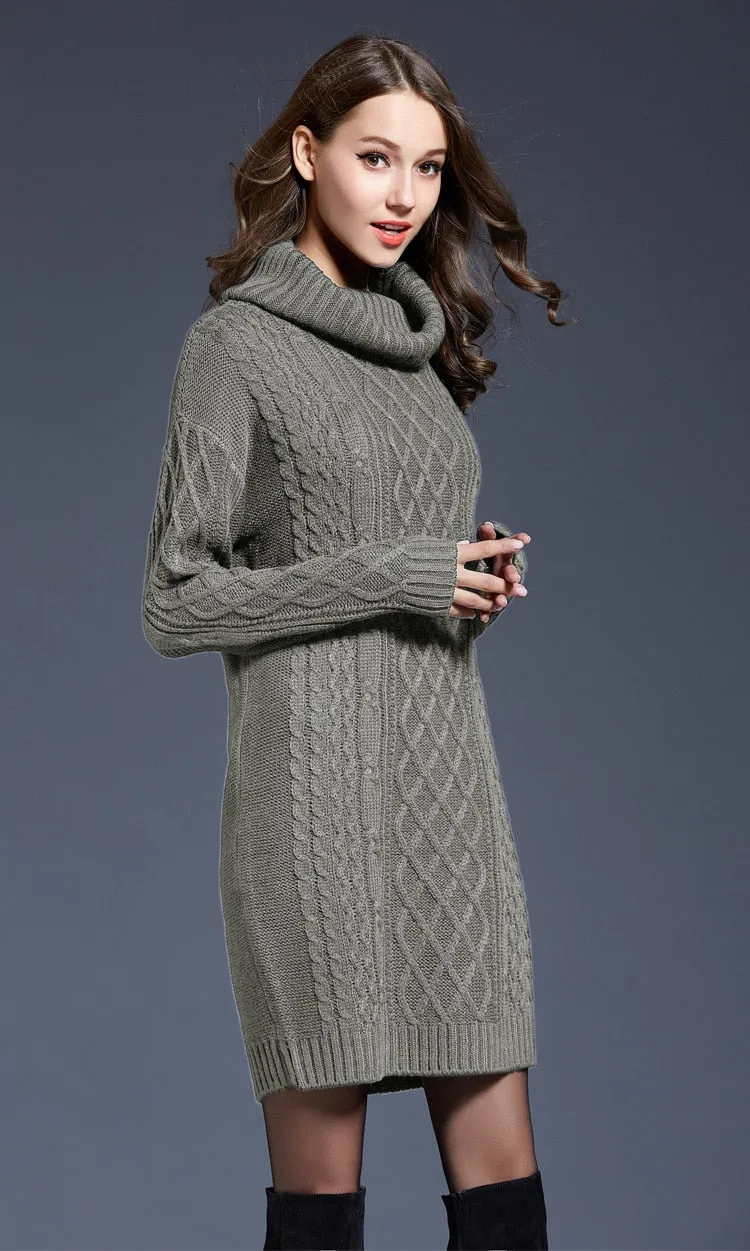 Casual Stylish Women's Long Sleeve Turtleneck Knit Wool Dress For Winter