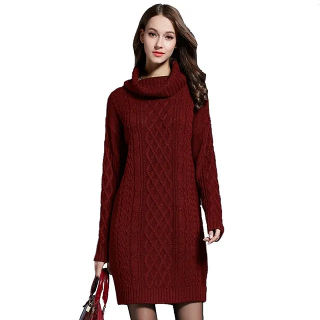 Casual Stylish Women's Long Sleeve Turtleneck Knit Wool Dress For Winter