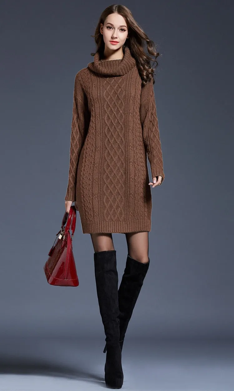 Casual Stylish Women's Long Sleeve Turtleneck Knit Wool Dress For Winter