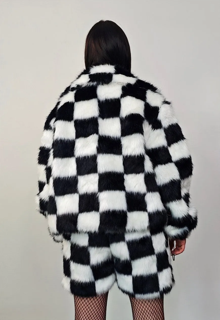 Checked faux fur short coat black plaid fuzzy trench jacket