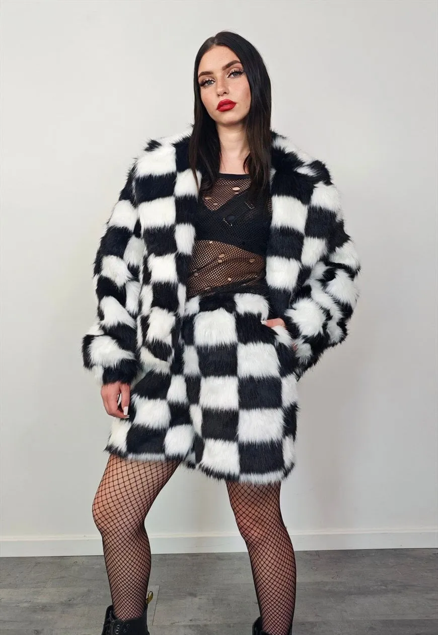 Checked faux fur short coat black plaid fuzzy trench jacket