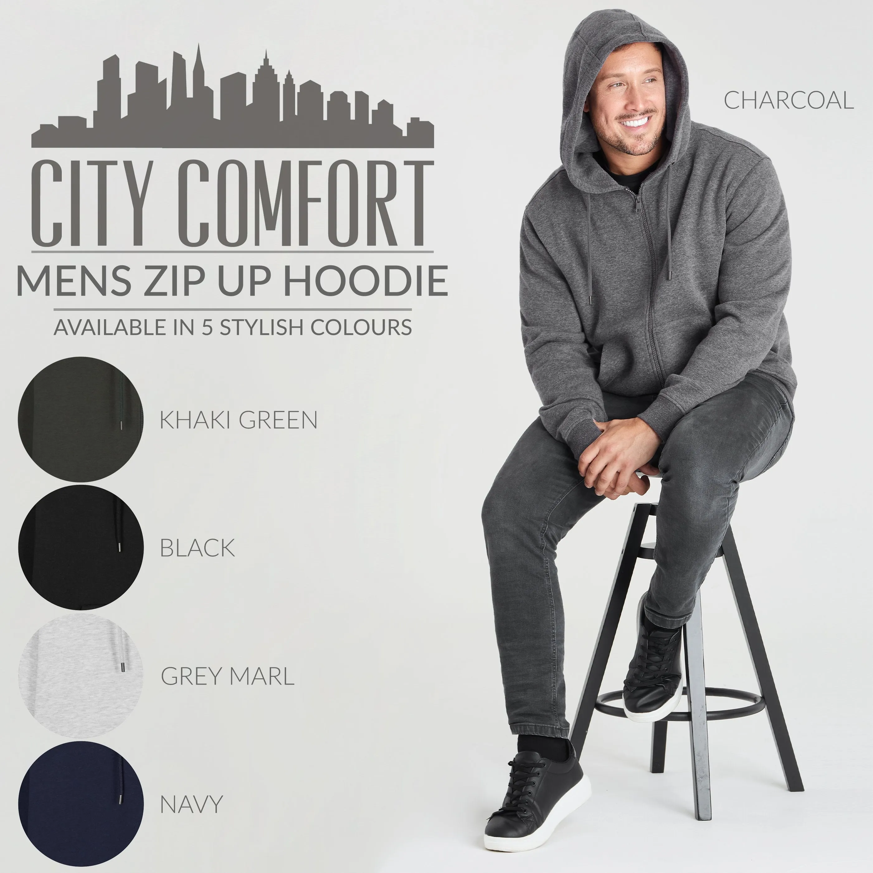 CityComfort Mens Plain Zip Up Hoodie, CHARCOAL Hooded Sweatshirt Zipped Jumper