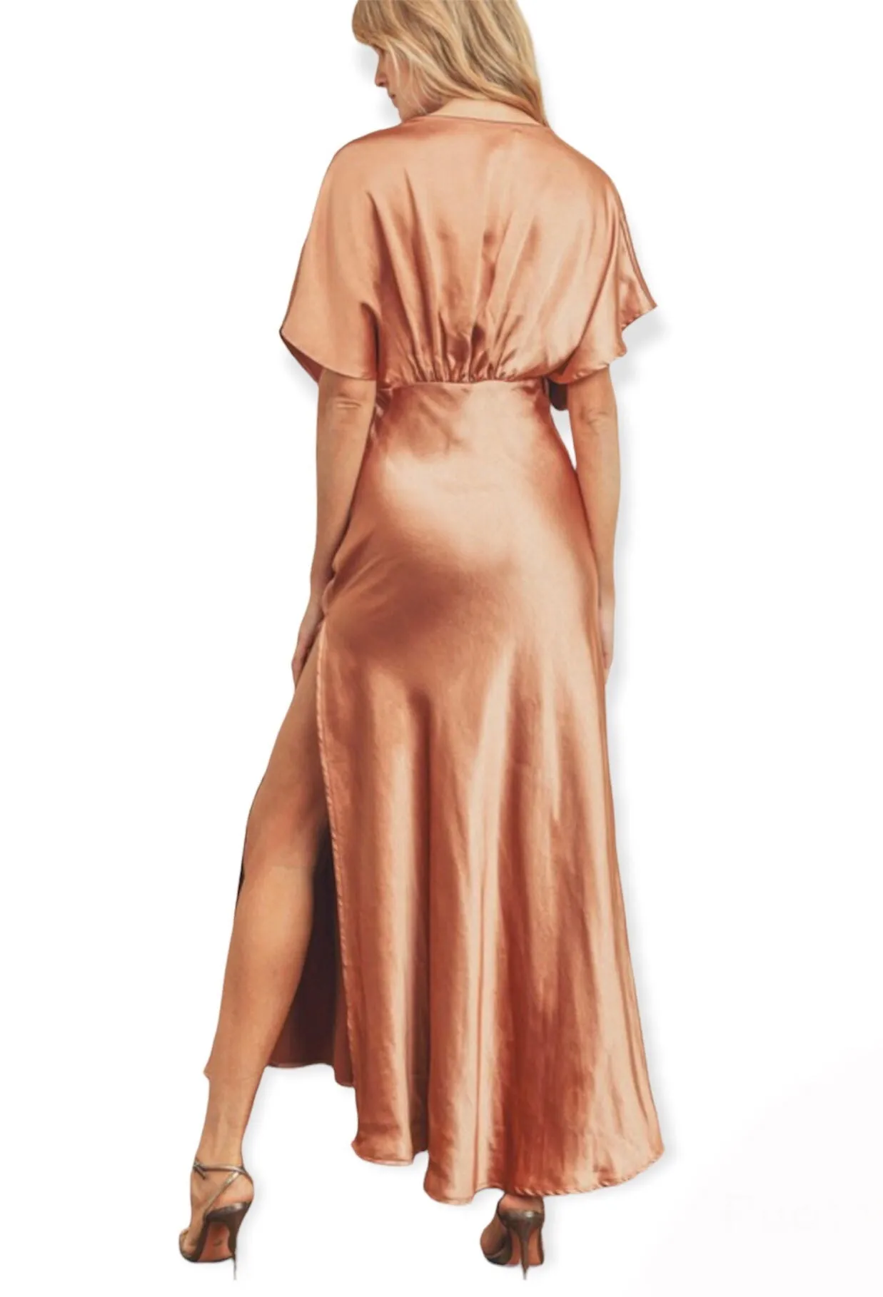 Classic Elegant Rose Gold Satin Maxi Dress