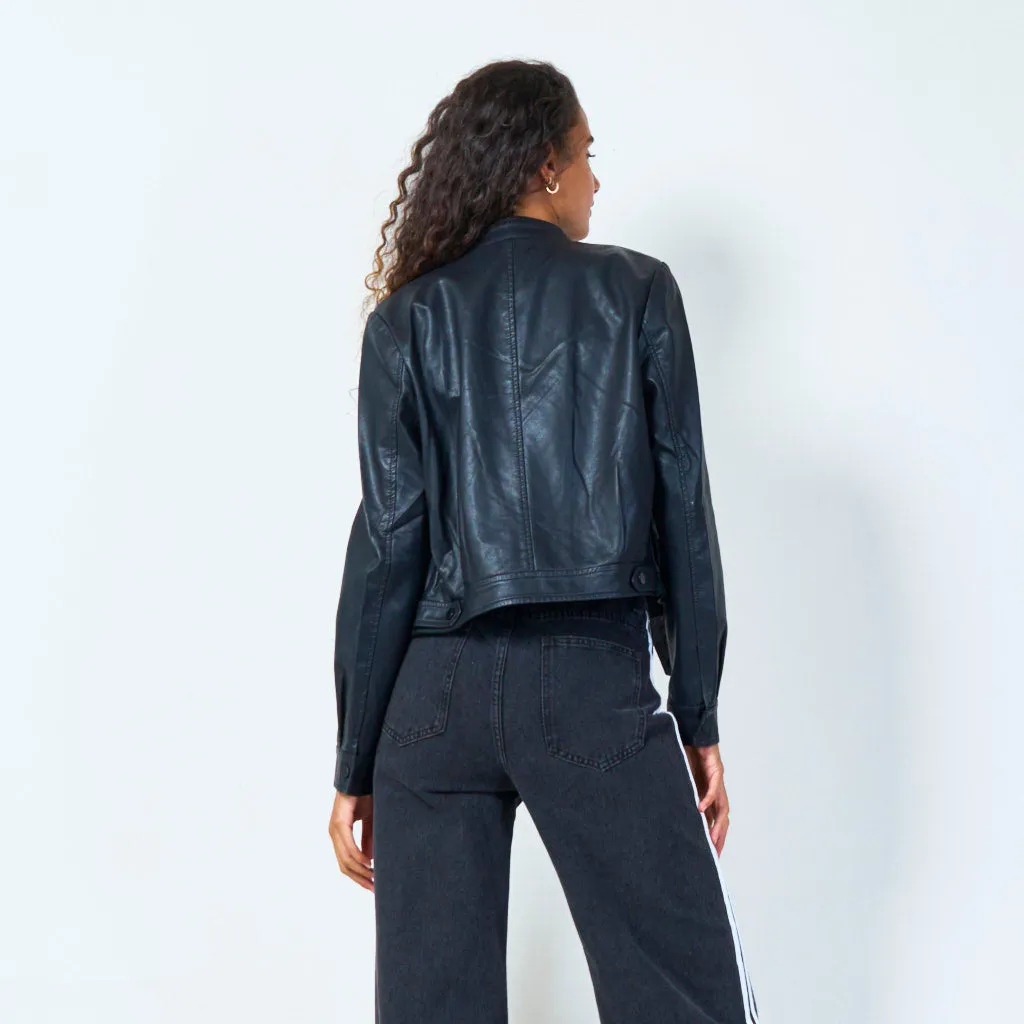 Cropped leather moto jacket with asymmetrical zip wholesale