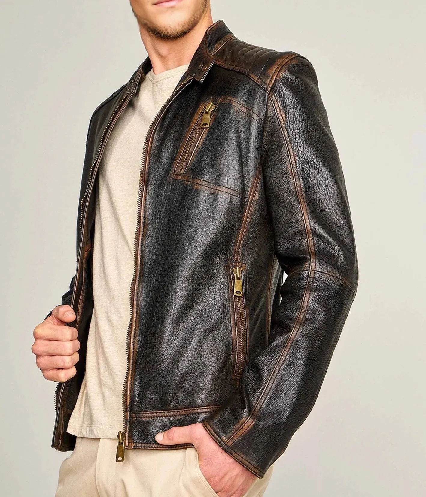 Durham Waxed | Men's Black Leather Biker Jacket with Brown Accents