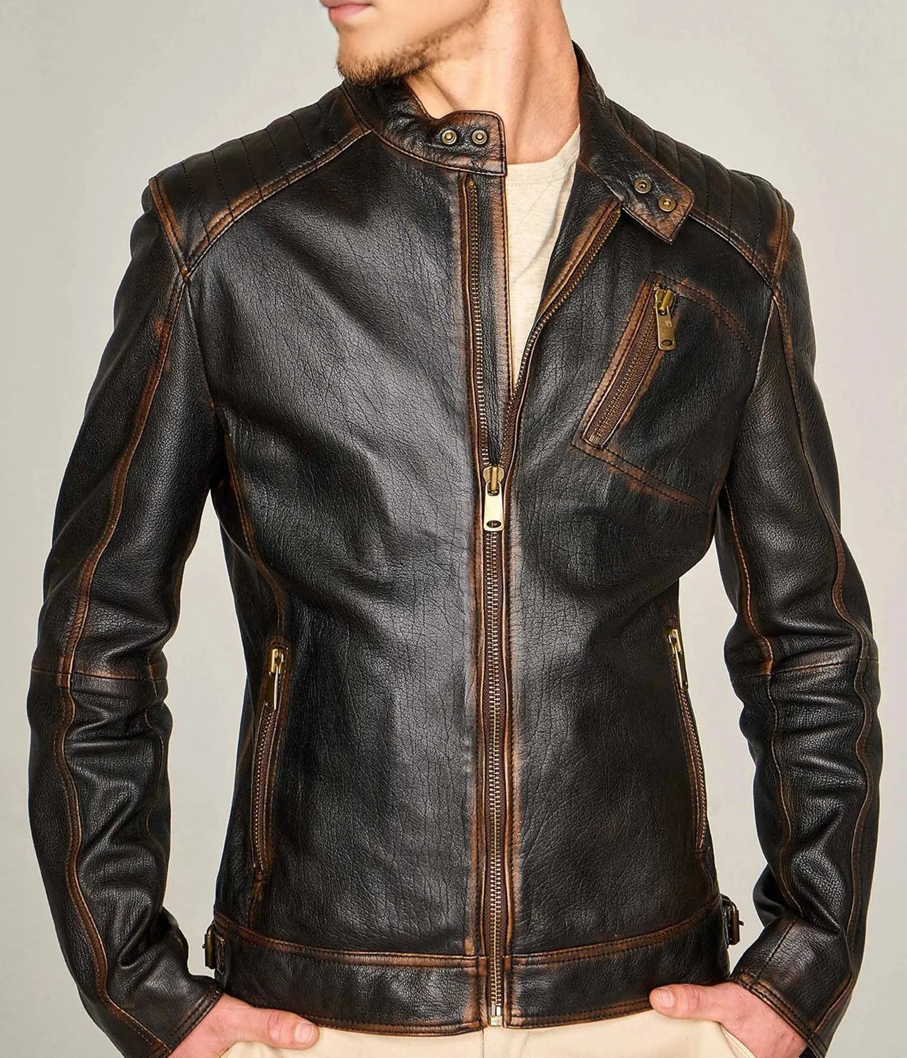 Durham Waxed | Men's Black Leather Biker Jacket with Brown Accents