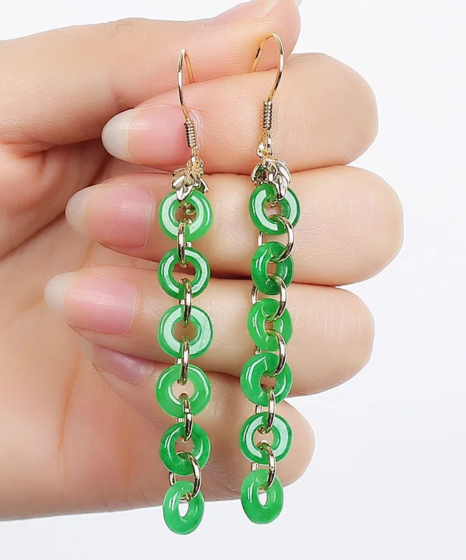 Elegant Green Sterling Silver Overgild Dry Green Jade Drop Earrings LY7762