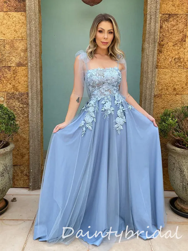 Elegant Grey Blue Tulle Straps Straight Neck A-line Applique Long Prom Dresses Evening Dress, OL882