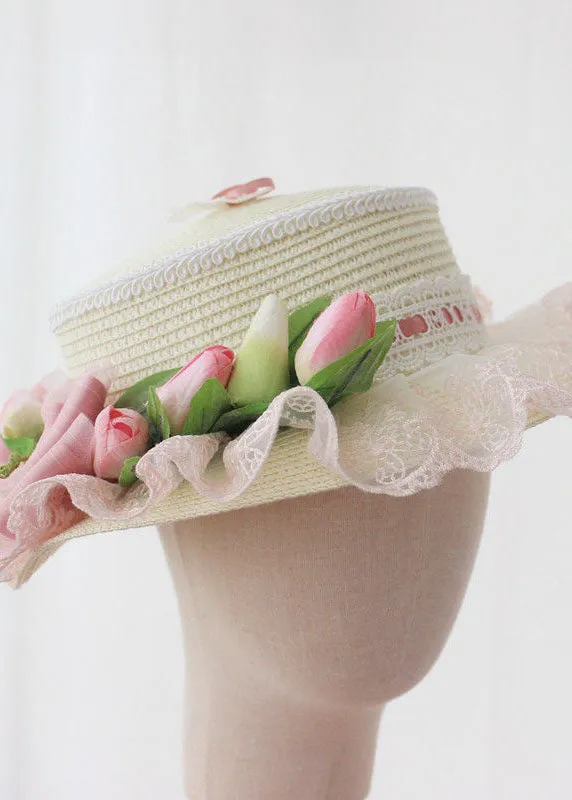 Elegant Pink Bow Lace Patchwork Straw Woven Cloche Hat LC0556