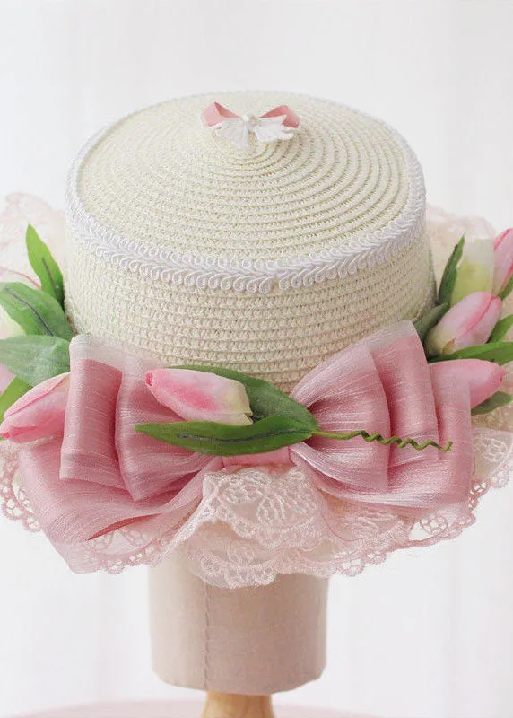 Elegant Pink Bow Lace Patchwork Straw Woven Cloche Hat LC0556