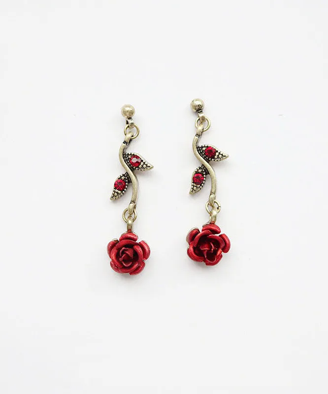 Elegant Red Rose Metal Zircon Drop Earrings