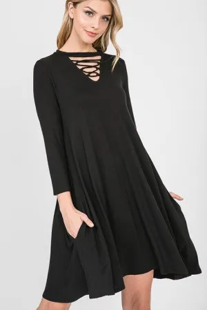 FINAL SALE -  Black Lace Up Swing Dress