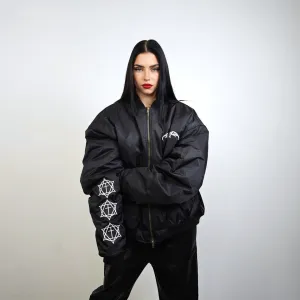 Gothic varsity jacket cross embroidered college bomber pentagram patch grunge coat 90s punk rocker windbreaker going out graffiti MA1 black