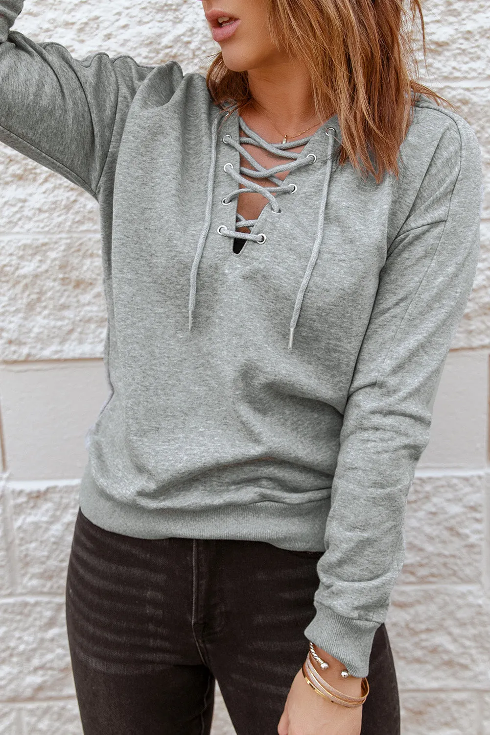 Grey Casual Lace-up Hoodie