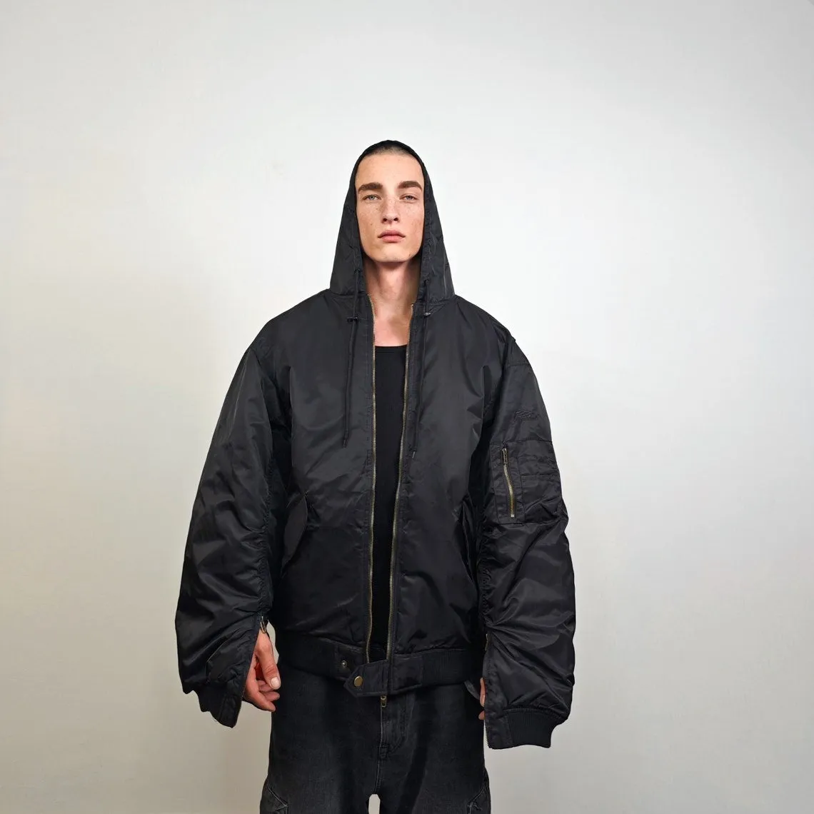 Hooded oversize bomber jacket black baggy punk utility MA1 90s college coat rapper windbreaker hip-hop rain jacket going out raver puffer