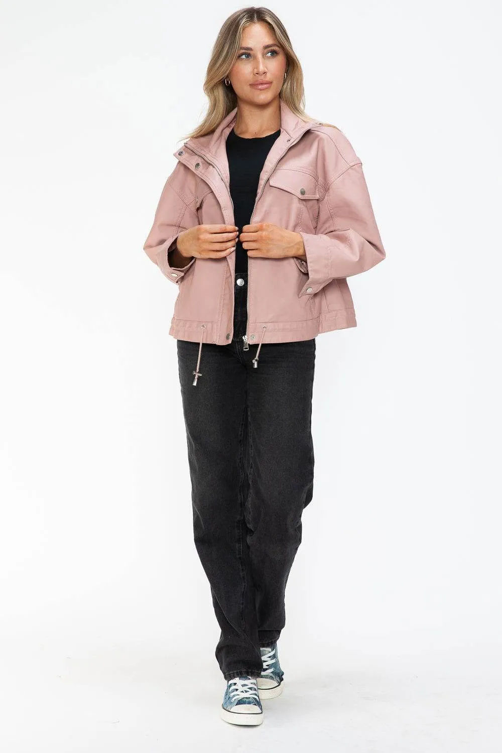 How Dare U Drawstring Hem PU Leather Zip Up Jacket In Mauve