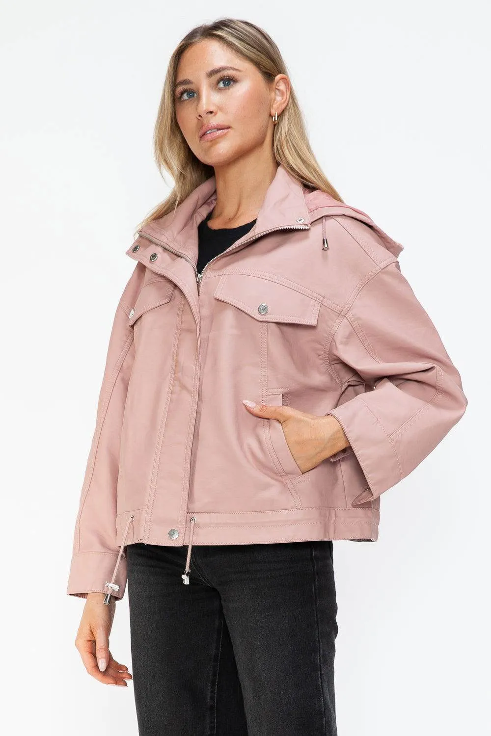 How Dare U Drawstring Hem PU Leather Zip Up Jacket In Mauve