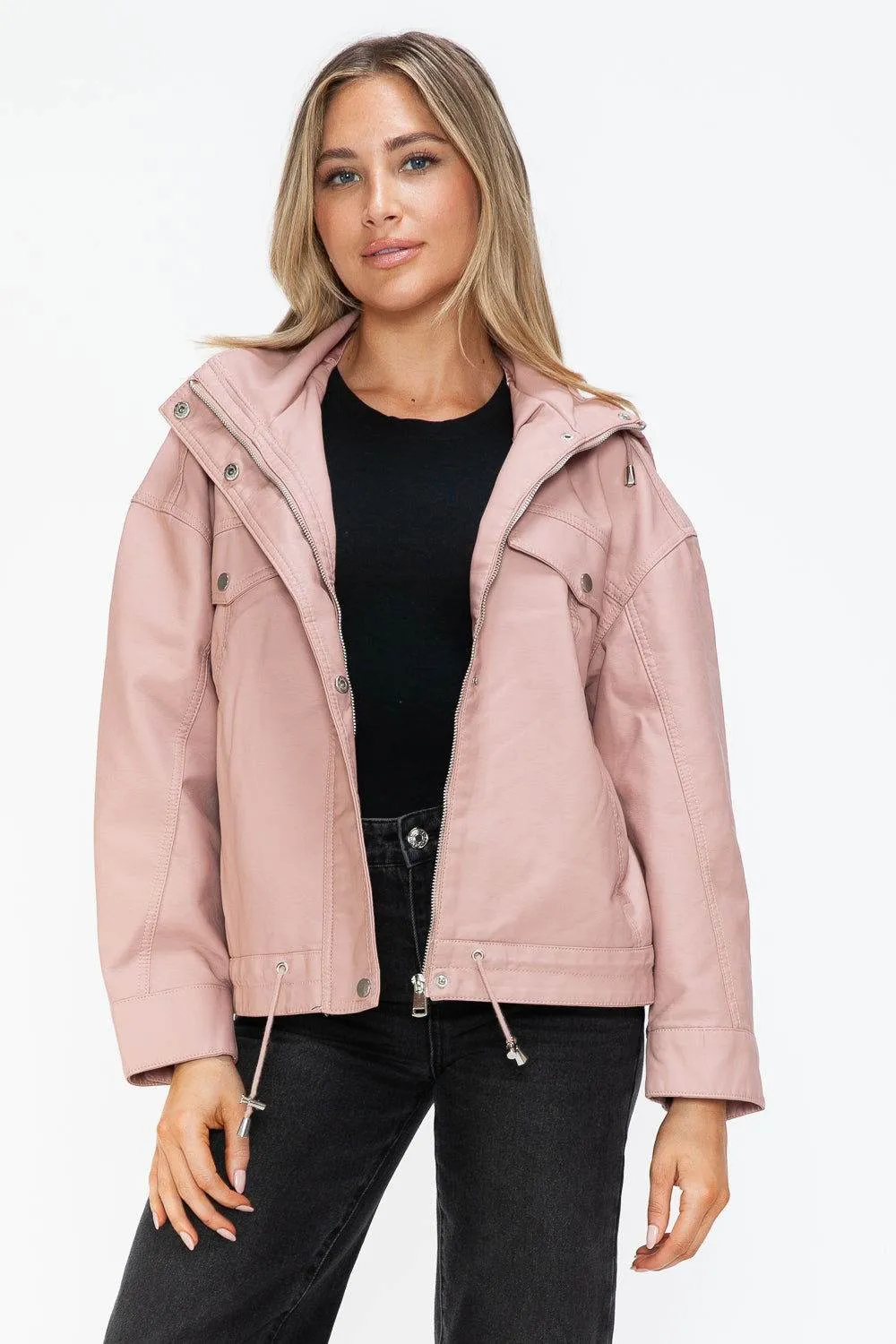 How Dare U Drawstring Hem PU Leather Zip Up Jacket In Mauve