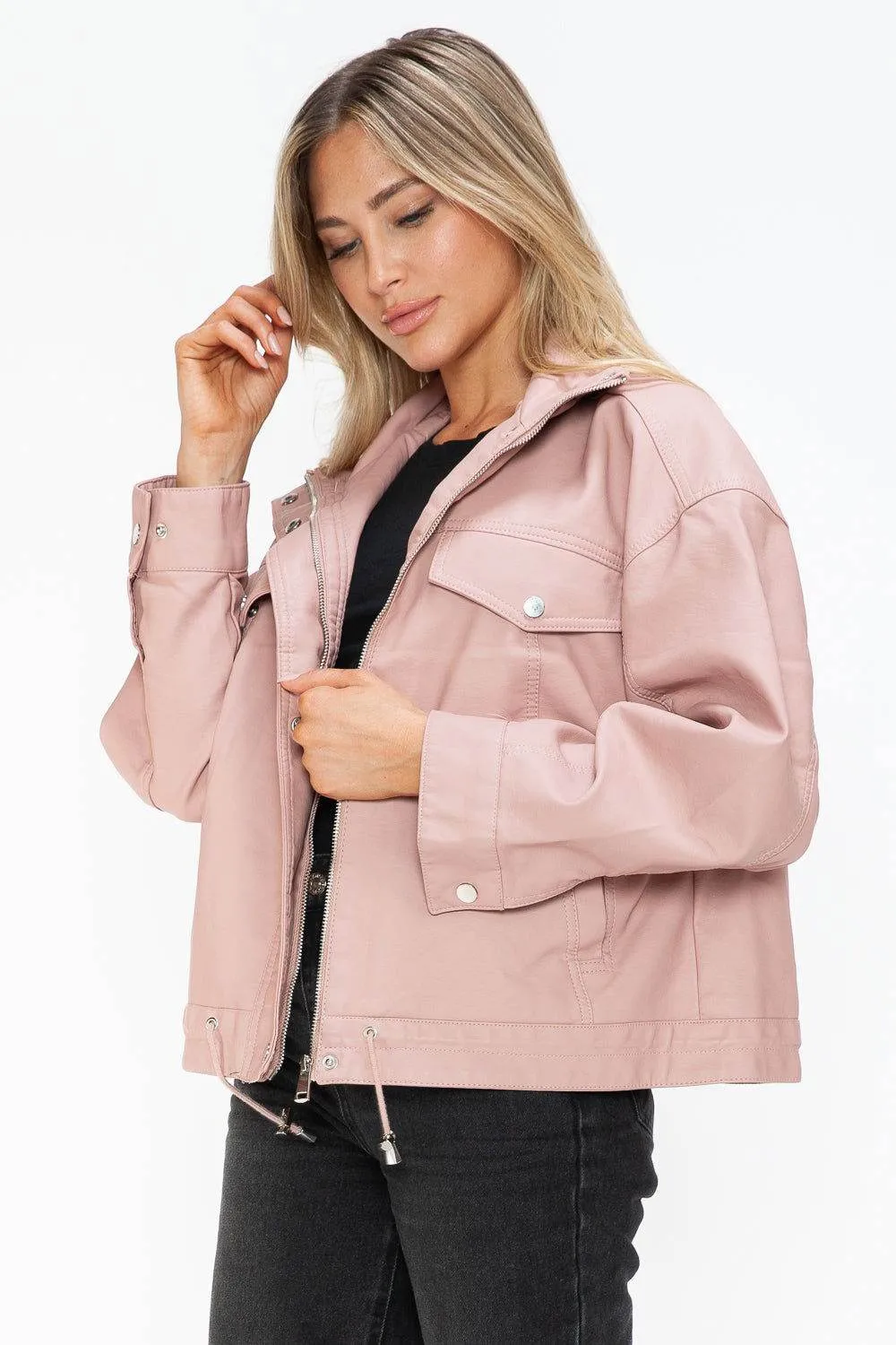 How Dare U Drawstring Hem PU Leather Zip Up Jacket In Mauve