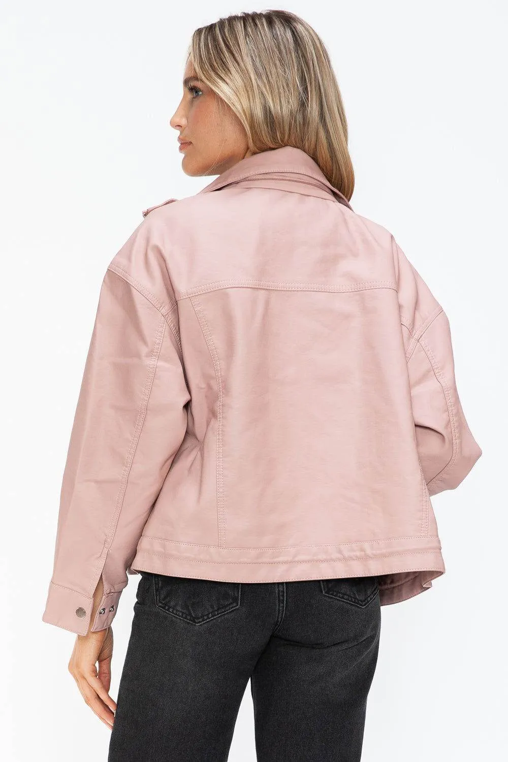 How Dare U Drawstring Hem PU Leather Zip Up Jacket In Mauve