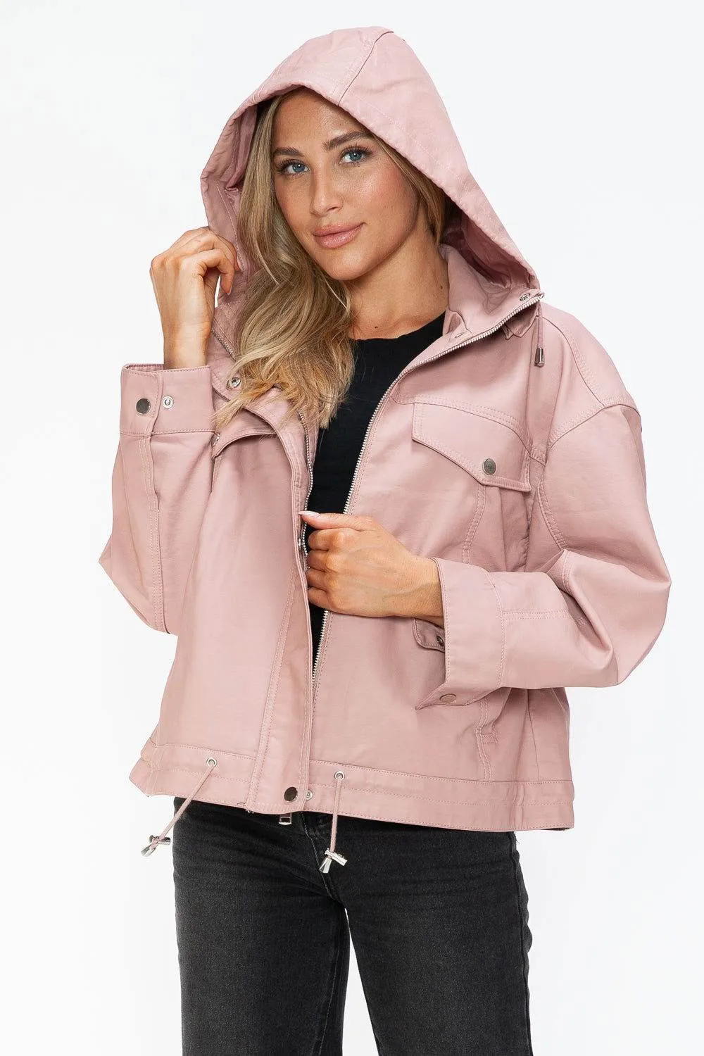 How Dare U Drawstring Hem PU Leather Zip Up Jacket In Mauve