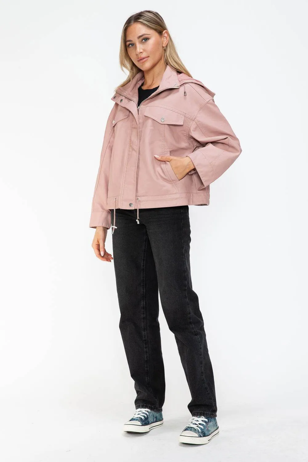 How Dare U Drawstring Hem PU Leather Zip Up Jacket In Mauve