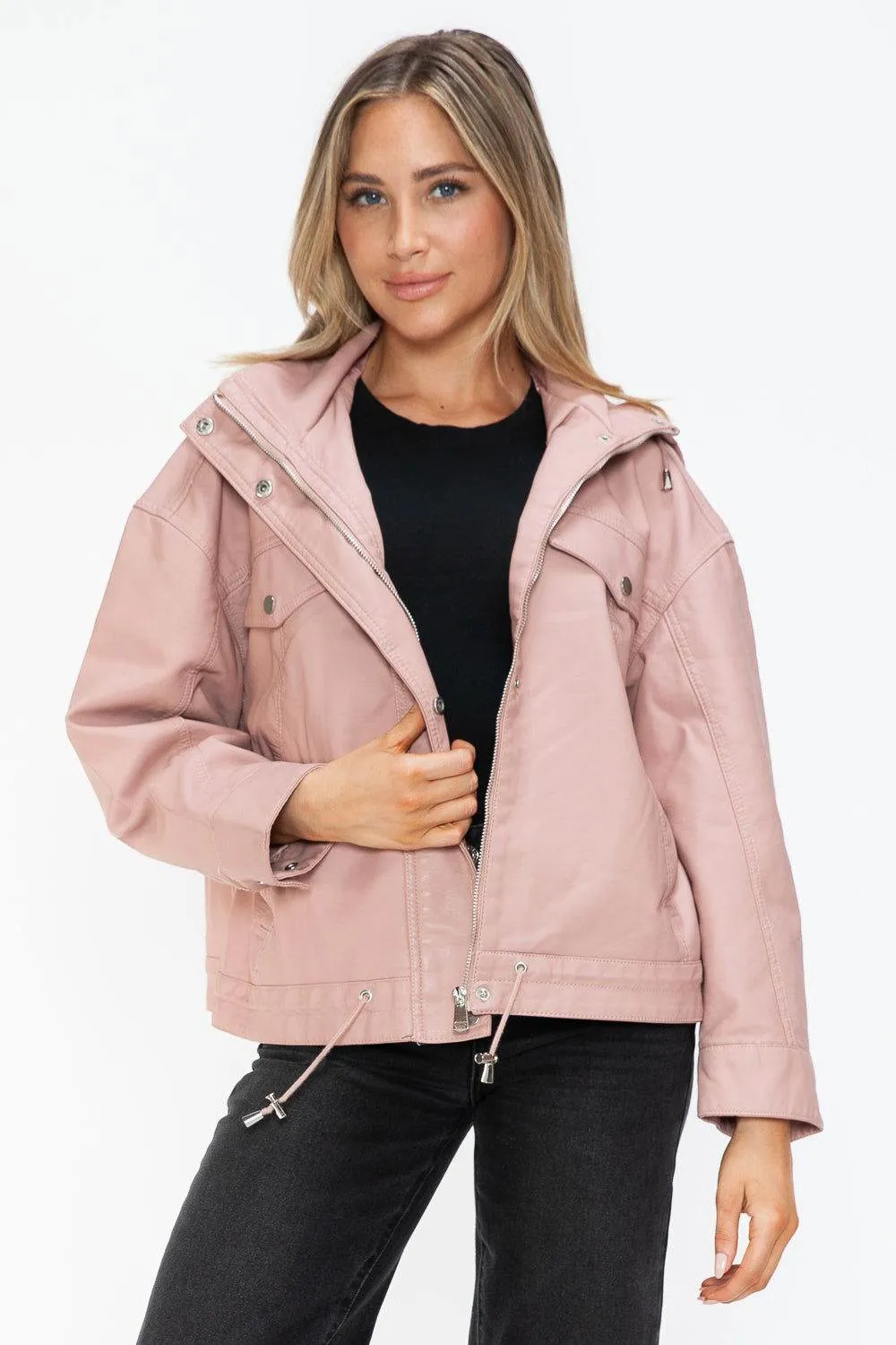 How Dare U Drawstring Hem PU Leather Zip Up Jacket In Mauve