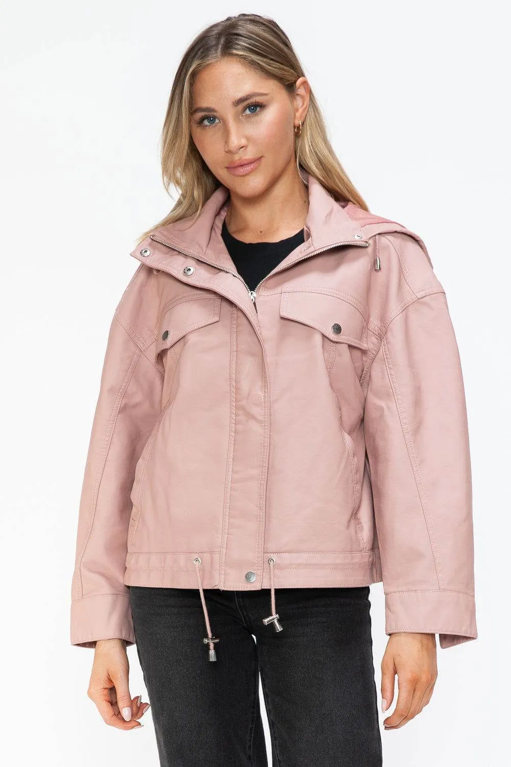 How Dare U Drawstring Hem PU Leather Zip Up Jacket In Mauve