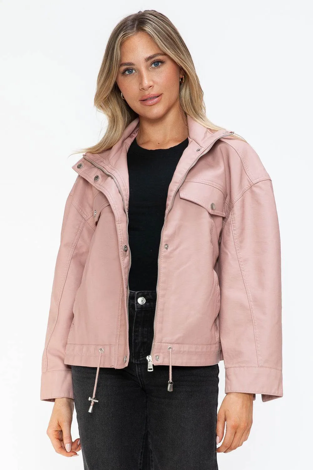 How Dare U Drawstring Hem PU Leather Zip Up Jacket In Mauve