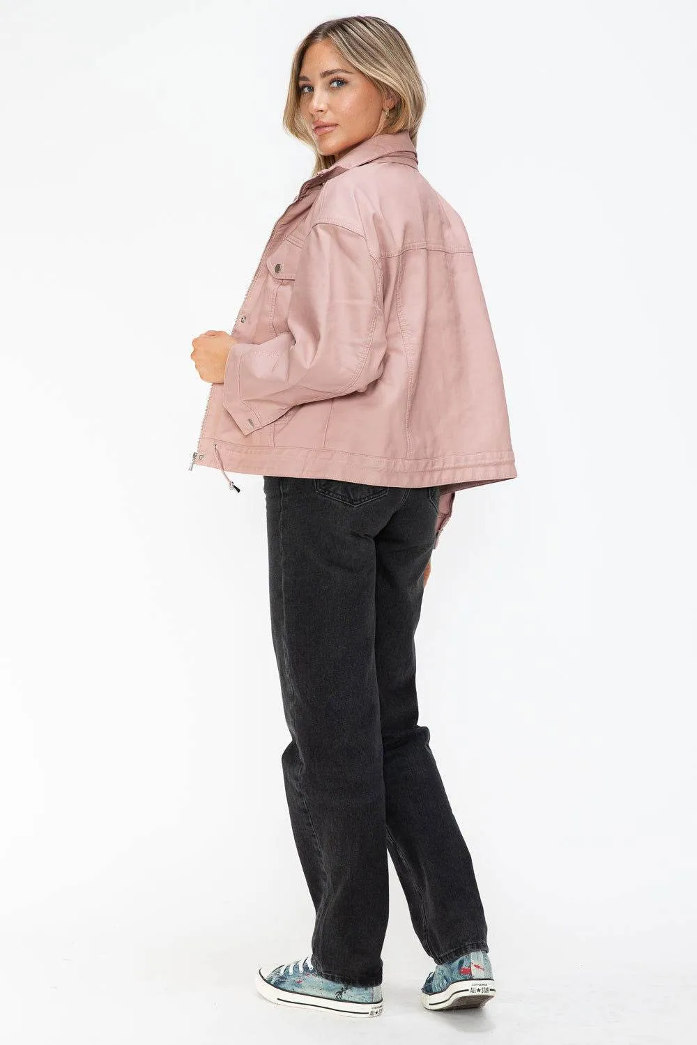 How Dare U Drawstring Hem PU Leather Zip Up Jacket In Mauve