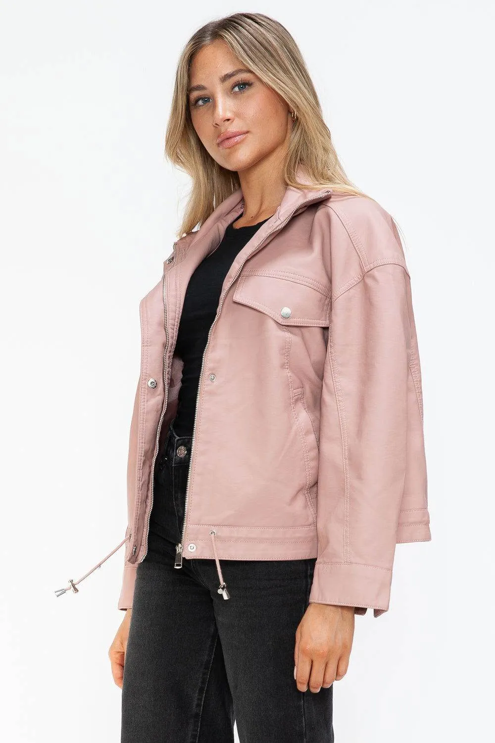 How Dare U Drawstring Hem PU Leather Zip Up Jacket In Mauve