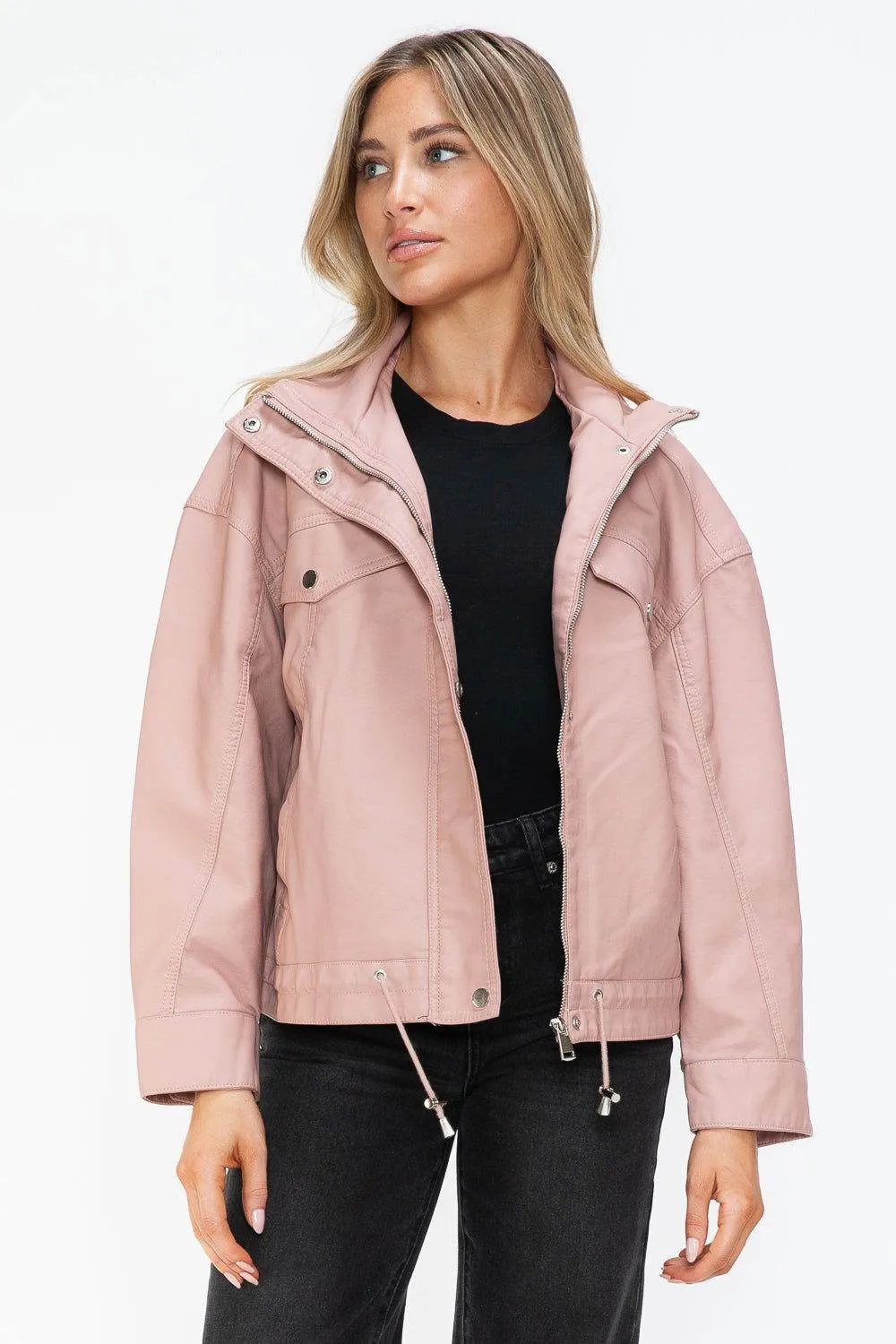 How Dare U Drawstring Hem PU Leather Zip Up Jacket In Mauve