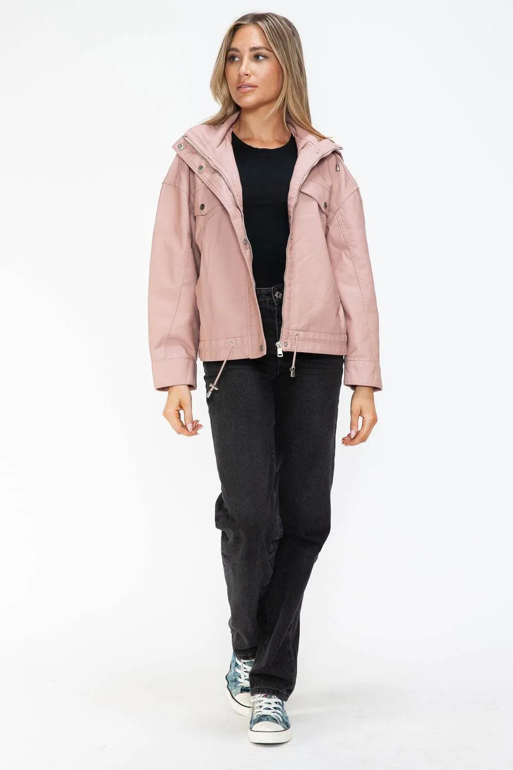 How Dare U Drawstring Hem PU Leather Zip Up Jacket In Mauve