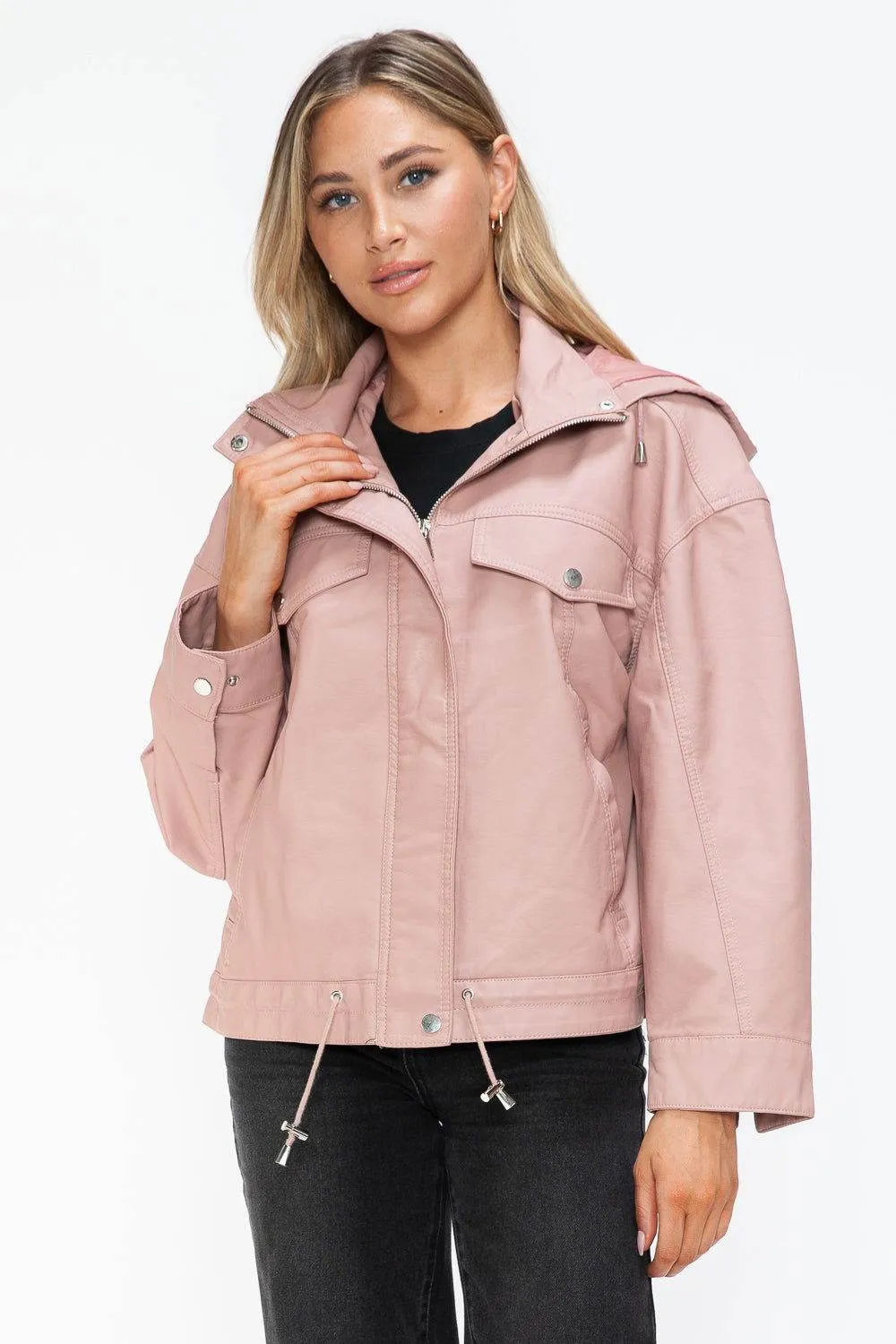 How Dare U Drawstring Hem PU Leather Zip Up Jacket In Mauve