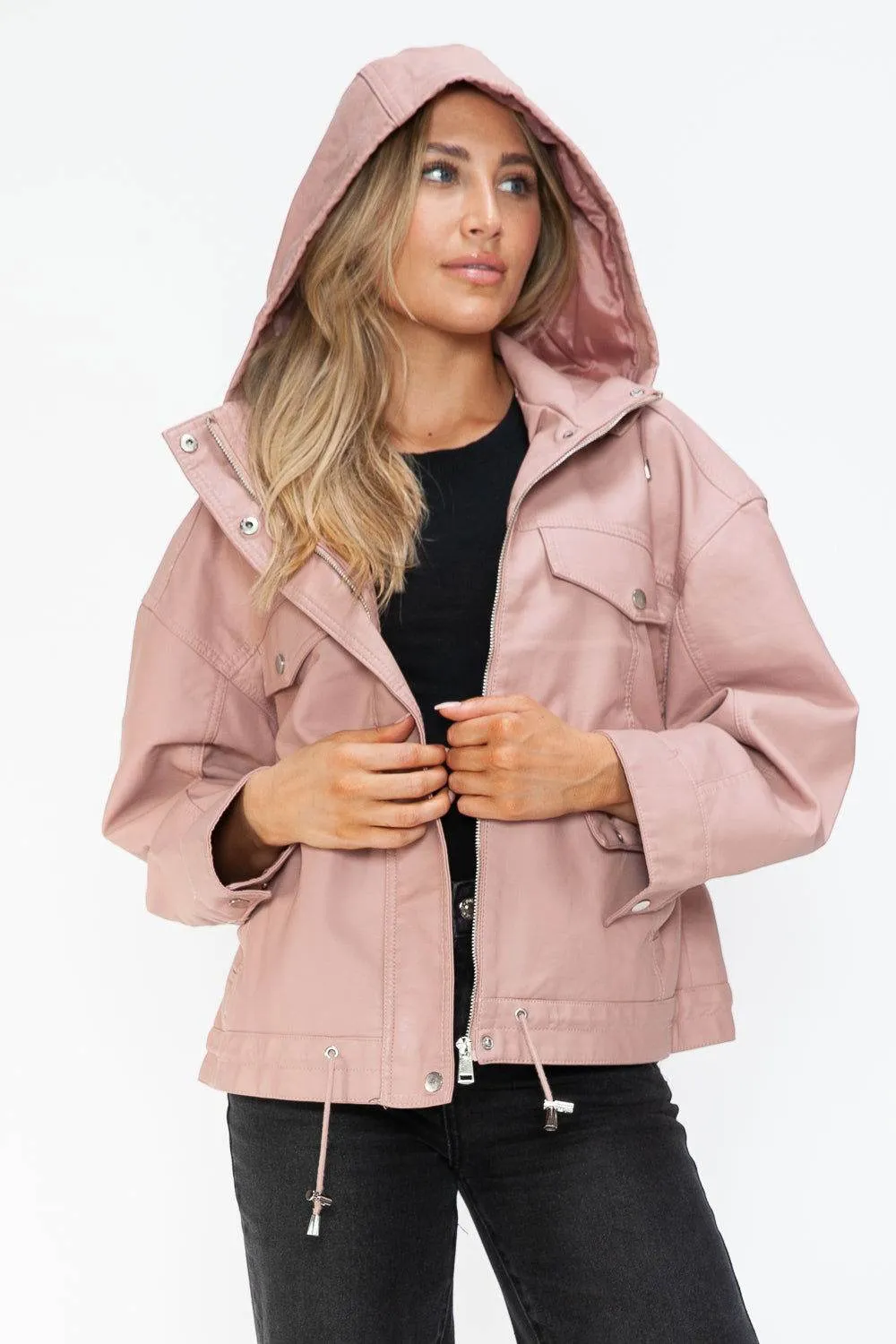 How Dare U Drawstring Hem PU Leather Zip Up Jacket In Mauve