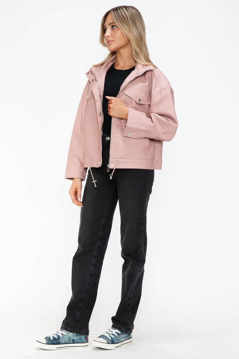 How Dare U Drawstring Hem PU Leather Zip Up Jacket In Mauve