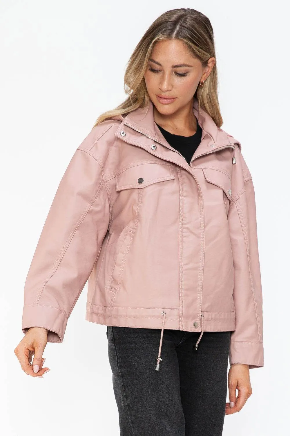 How Dare U Drawstring Hem PU Leather Zip Up Jacket In Mauve