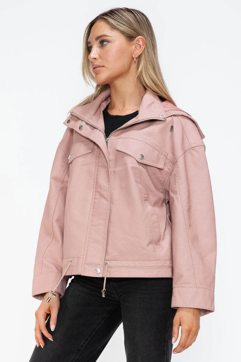 How Dare U Drawstring Hem PU Leather Zip Up Jacket In Mauve