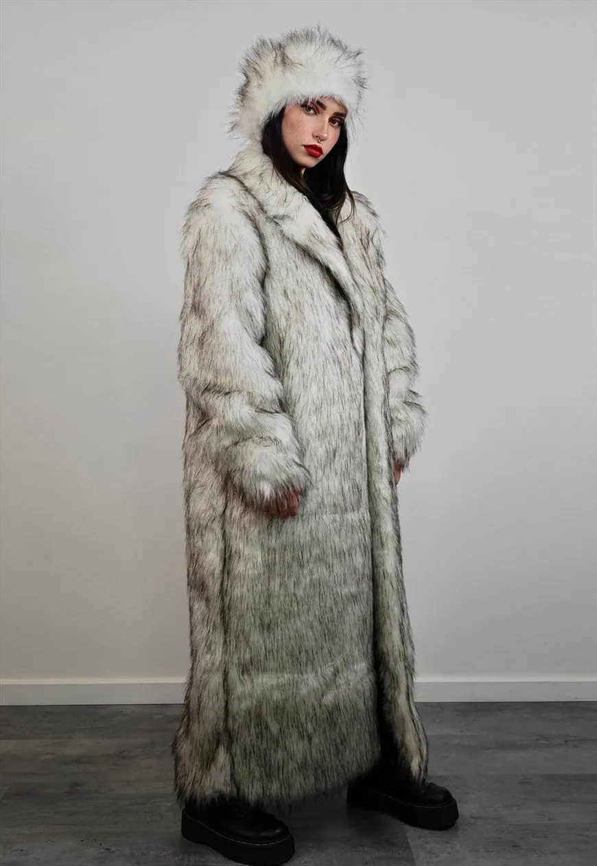 Ken faux fur coat off white fuzzy long length party trench