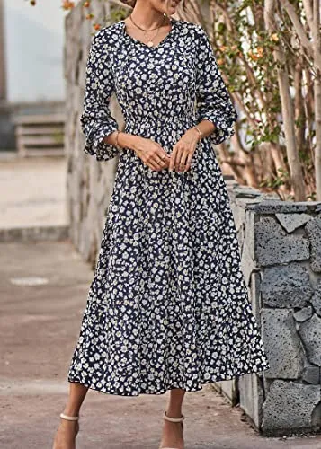 KIRUNDO 2023 Spring Summer Women's Long Sleeve Floral Print Boho Maxi Dress Casual High Waist Ruffle Flowy Long Dresses(Black Leaves, Small)