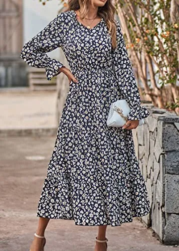 KIRUNDO 2023 Spring Summer Women's Long Sleeve Floral Print Boho Maxi Dress Casual High Waist Ruffle Flowy Long Dresses(Black Leaves, Small)