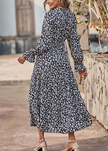 KIRUNDO 2023 Spring Summer Women's Long Sleeve Floral Print Boho Maxi Dress Casual High Waist Ruffle Flowy Long Dresses(Black Leaves, Small)