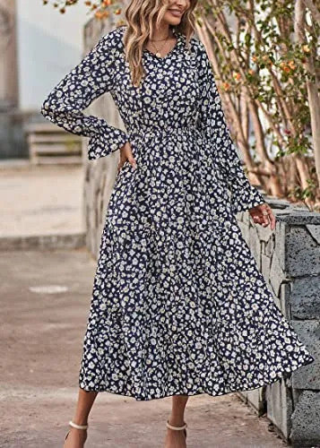 KIRUNDO 2023 Spring Summer Women's Long Sleeve Floral Print Boho Maxi Dress Casual High Waist Ruffle Flowy Long Dresses(Black Leaves, Small)