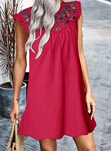 KIRUNDO 2023 Summer Women's Casual Sleeveless Floral Embroidered Mini Dress Loose Babydoll Flowy Short Boho Dresses(C-Red, Small)